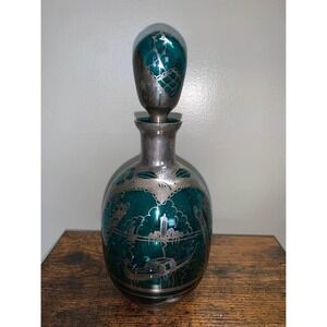 Vintage Murano Venetian Art Glass Decanter Sterling Silver Overlay